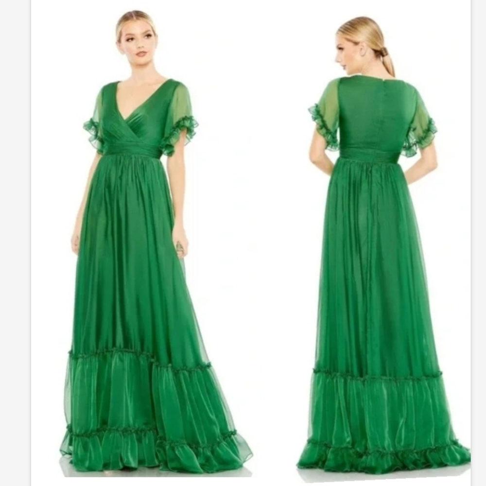 NWT Mac Duggal Green  Butterfly Ruffle Trimmed Sleeve Wrap Over Flowy Gown SZ 4